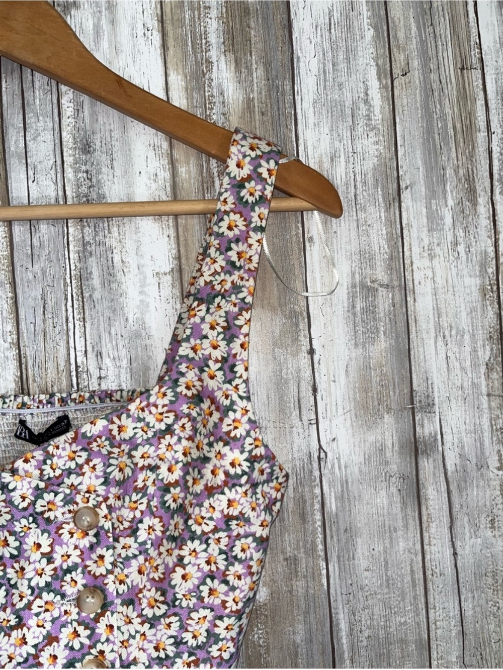 Zara Linen Blend Purple Daisy Floral Crop Top Smocked Back Button Front S - Picture 2 of 6